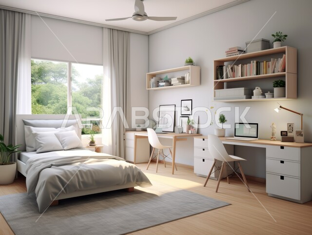 ديكور عصري على الطراز الحديث, تصاميم حديثة أنيقة و عصرية, ديكورات داخلية أنيقة و فاخرة, شقق و فلل سكنية في المملكة العربية السعودية, غرفة نوم مع سرير ومكتب ورفوف ومروحة سقف