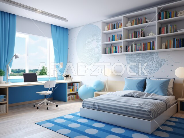 شقق و فلل سكنية في المملكة العربية السعودية, ديكور عصري على الطراز الحديث, تصاميم حديثة أنيقة و عصرية, ديكورات داخلية أنيقة و فاخرة, غرفة نوم مع لمسات زرقاء ورف كتب