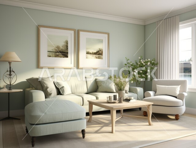 ديكورات داخلية أنيقة و فاخرة, شقق و فلل سكنية في المملكة العربية السعودية, ديكور عصري على الطراز الحديث, تصاميم حديثة أنيقة و عصرية, غرفة معيشة مشرقة وجيدة التهوية مع أريكة وكرسي بذراعين وطاولة