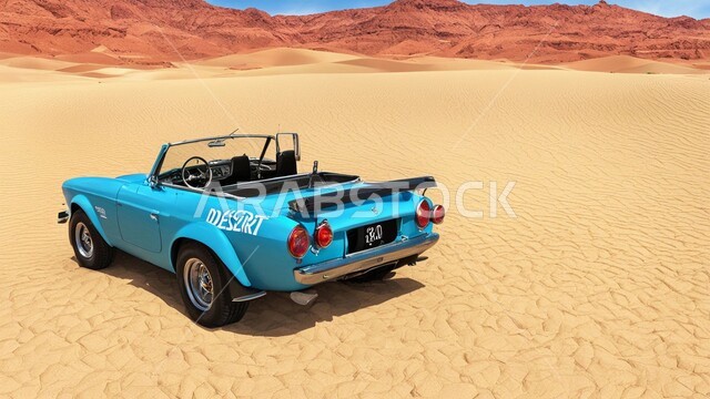 التلال الرملية والتكوينات الصخرية في الصحاري العربية, الأنشطة الترفيهية في المناطق الصحراوية، مغامرة شيقة على الرمال الذهبية الناعمة، قيادة سيارة كلاسيكية  باللون الازرق وسط الصحراء، الاستمتاع بممارسة الهوايات، مغامرات السفاري على الكثبان الرملية