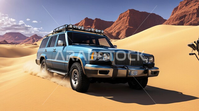 قيادة سيارة جيب باللون الازرق وسط الصحراء، الاستمتاع بممارسة الهوايات، مغامرات السفاري على الكثبان الرملية, التلال الرملية والتكوينات الصخرية في الصحاري العربية, الأنشطة الترفيهية في المناطق الصحراوية، مغامرة شيقة على الرمال الذهبية الناعمة