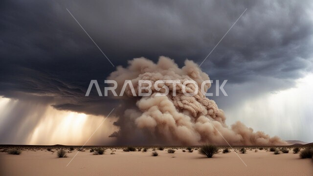 غبار العاصفة الرملية في الصحراء, رياح ترابية في المناطق الصحراوية, الكثبان والرمال الذهبية الناعمة، التشكيلات والتكوينات الرملية في المملكة العربية السعودية, منظر السماء الممتلئة بالغيوم الداكنة، الزوابع الغبارية القوية, أجواء وطقوس قاسية