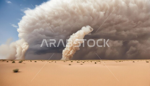 Harsh weather and weather, sandstorm dust in the desert, dust winds in desert areas, dunes and soft golden sand, sand formations and formations in Saudi Arabia, view of the sky filled with dark clouds, strong dust storms