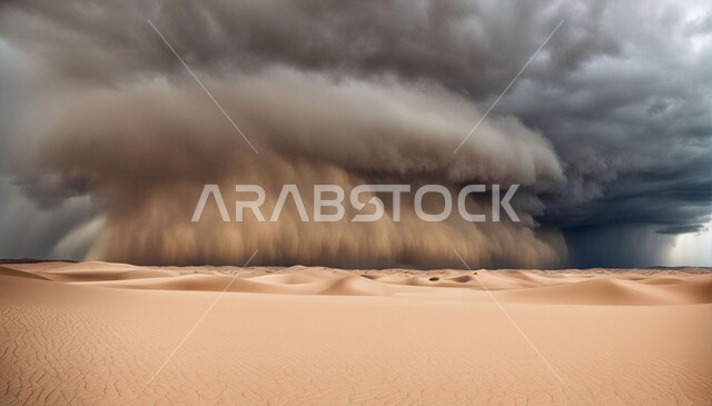 التشكيلات والتكوينات الرملية في المملكة العربية السعودية, منظر السماء الممتلئة بالغيوم الداكنة، الزوابع الغبارية القوية, أجواء وطقوس قاسية, غبار العاصفة الرملية في الصحراء, رياح ترابية في المناطق الصحراوية, الكثبان والرمال الذهبية الناعمة