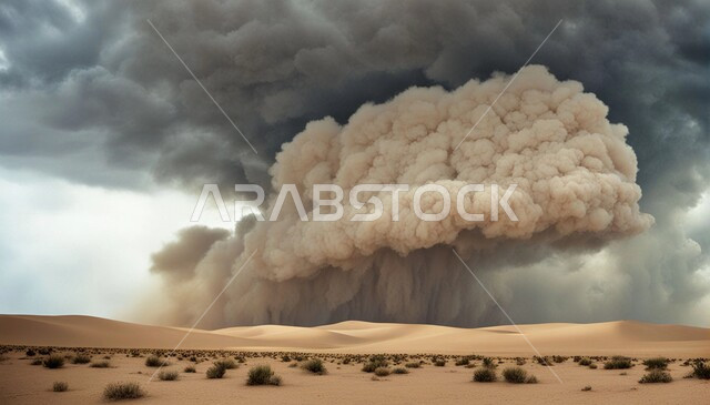  العاصفة الرملية في الصحراء, رياح ترابية في المناطق الصحراوية, الكثبان والرمال الذهبية الناعمة، التشكيلات والتكوينات الرملية في المملكة العربية السعودية, منظر السماء الممتلئة بالغيوم الداكنة, الزوابع الغبارية القوية