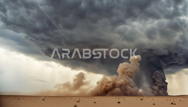 الزوابع الغبارية القوية، العاصفة الرملية في الصحراء, رياح ترابية في المناطق الصحراوية, الكثبان والرمال الذهبية الناعمة، التشكيلات والتكوينات الرملية في المملكة العربية السعودية, منظر السماء الممتلئة بالغيوم الداكنة