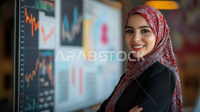 مراقبة الرسوم والمخططات البيانيه على الشاشة، دمج التكنولوجيا المتطورة مع العمل، سوق البورصة العالمي، تداول العملة الرقمية، مفهوم التجارة والاقتصاد، مفهوم الأنوثة والاهتمام بالمظهر الخارجي، صورة مقربة لامرأة عربية خليجية سعودية محجبة تنظر الى الكاميرا بايماءات وجه سعيدة، الوقوف باستقامة وثقة مع ايدي متقاطعة، الملامح العربية القوية