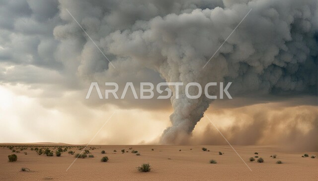 منظر السماء الممتلئة بالغيوم الداكنة, الزوابع الغبارية القوية، العاصفة الرملية في الصحراء, رياح ترابية في المناطق الصحراوية, الكثبان والرمال الذهبية الناعمة، التشكيلات والتكوينات الرملية في المملكة العربية السعودية