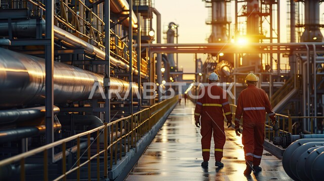 Saudi engineering professions and jobs, a picture from the back of two Saudi Gulf Arab engineers wearing helmets and protection vests walking in an oil refining plant, the concept of gas productivity in the Kingdom of Saudi Arabia, following up and monitoring the progress of work in factories
