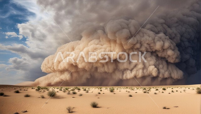 رياح ترابية في المناطق الصحراوية, الكثبان والرمال الذهبية الناعمة، التشكيلات والتكوينات الرملية في المملكة العربية السعودية, منظر السماء الممتلئة بالغيوم الداكنة, الزوابع الغبارية القوية، العاصفة الرملية في الصحراء