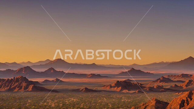 Rock formations and formations in the Arabian Desert, golden sand dunes, topography of rocks and mountains, view of the clear sky at sunset, nature background