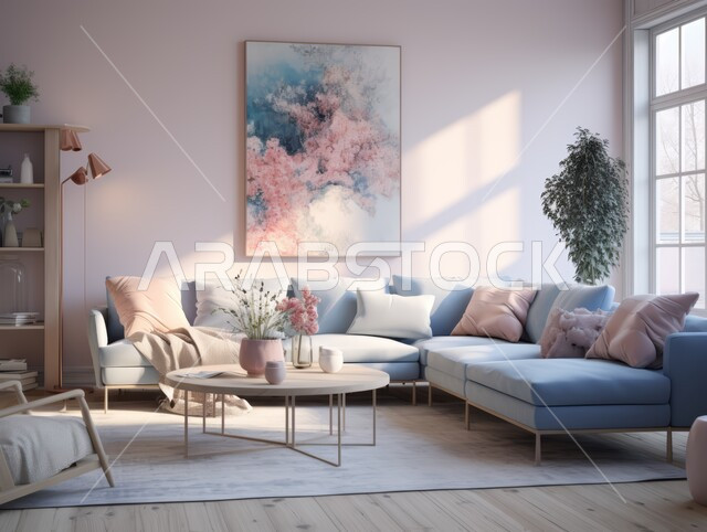 ديكورات مميزة على الطراز الحديث,  شقق و فلل سكنية في المملكة العربية السعودية, ديكور داخلي أنيق, تصاميم عصرية حديثة, غرفة معيشة مع أريكة زرقاء و أرضيات خشبية فاتحة اللون