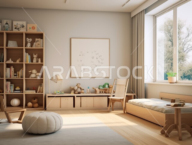 شقق و فلل سكنية في المملكة العربية السعودية, ديكور داخلي أنيق, تصاميم عصرية حديثة, ديكورات مميزة على الطراز الحديث, غرفة نوم أطفال مشرقة مع نافذة كبيرة و خشبية