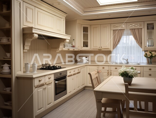 مطبخ مشرق و واسع مع خزائن بيضاء و أرضيات خشبية, ديكور داخلي أنيق, تصاميم عصرية حديثة, ديكورات مميزة على الطراز الحديث,  شقق و فلل سكنية في المملكة العربية السعودية