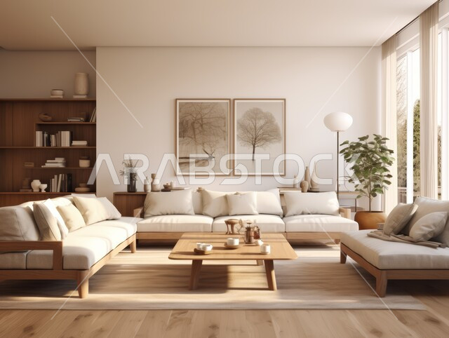 غرفة معيشة بسيطة مع أريكة بيضاء و طاولة خشبية, ديكور داخلي أنيق, تصاميم عصرية حديثة, ديكورات مميزة على الطراز الحديث,  شقق و فلل سكنية في المملكة العربية السعودية