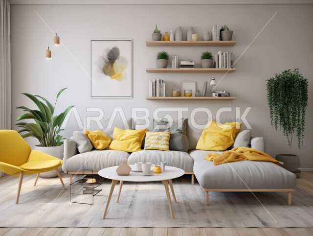 غرفة معيشة مع أريكة رمادية وغطاء أصفر وكرسي, ديكور داخلي أنيق, تصاميم عصرية حديثة, ديكورات مميزة على الطراز الحديث,  شقق و فلل سكنية في المملكة العربية السعودية