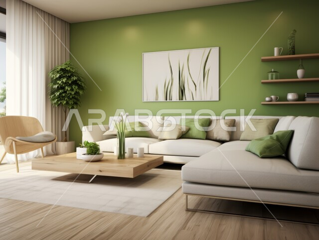 غرفة معيشة مع أريكة بيضاء وطاولة خشبية, ديكور داخلي أنيق, تصاميم عصرية حديثة, ديكورات مميزة على الطراز الحديث,  شقق و فلل سكنية في المملكة العربية السعودية