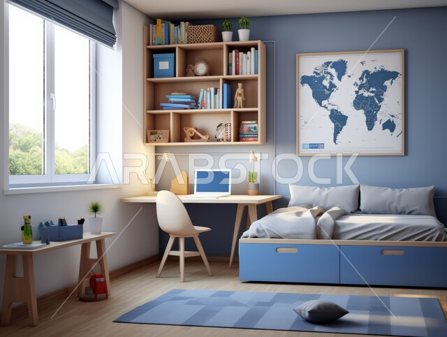 غرفة نوم مع سرير ومكتب وخريطة العالم على الحائط, ديكور داخلي أنيق, تصاميم عصرية حديثة, ديكورات مميزة على الطراز الحديث,شقق و فلل سكنية في المملكة العربية السعودية