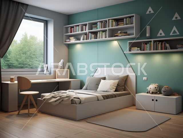 غرفة نوم مع جدار أخضر وسرير أبيض وطاولة عمل, ديكورات مميزة على الطراز الحديث,  شقق و فلل سكنية في المملكة العربية السعودية, ديكور داخلي أنيق, تصاميم عصرية حديثة