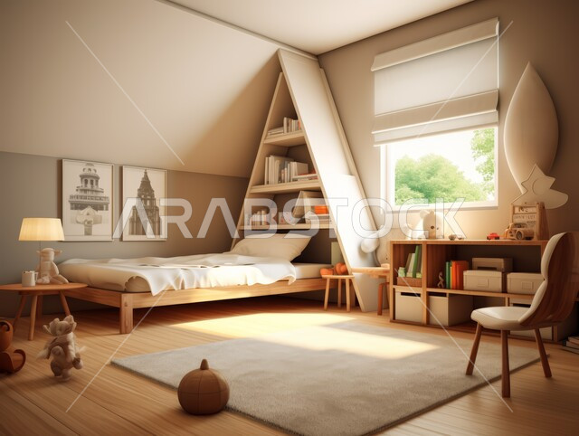 Bright bedroom with wooden bed and shelves, elegant interior design, modern contemporary designs, distinctive modern style decorations, residential apartments and villas in Saudi Arabia