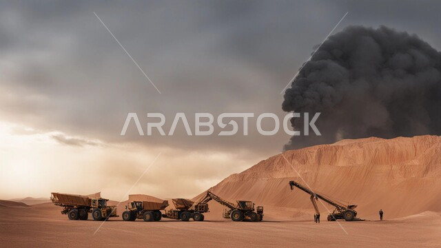 التخلص من الأتربة والصخور ونقلها بعيدا, التعدين العربي الأول, مناطق التنقيب عن الثروات الباطنية، الطبيعة الصخرية وتضاريس السلاسل الجبلية، المرتفعات وقمم الجبال في المملكة العربية السعودية، مجموعة من السيارات الكبيرة تقوم بالعمل في موقع التعدين