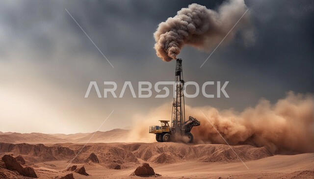 المعدات الضخمة تقوم بالعمل في موقع التعدين، التخلص من الأتربة والصخور,  مناطق التنقيب عن الثروات الباطنية، الطبيعة الصخرية وتضاريس السلاسل الجبلية، المرتفعات وقمم الجبال في المملكة العربية السعودية