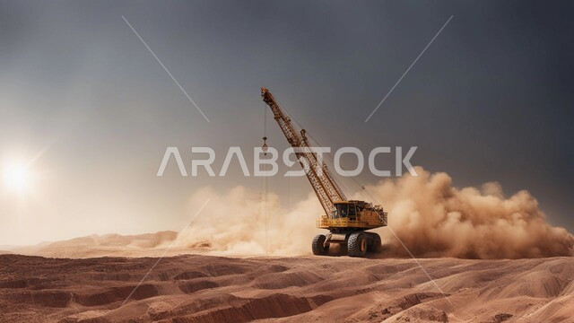 Rocky nature and terrain of mountain ranges, highlands and mountain peaks in Saudi Arabia, huge equipment working at the mining site, getting rid of dirt and rocks, areas of exploration for underground resources