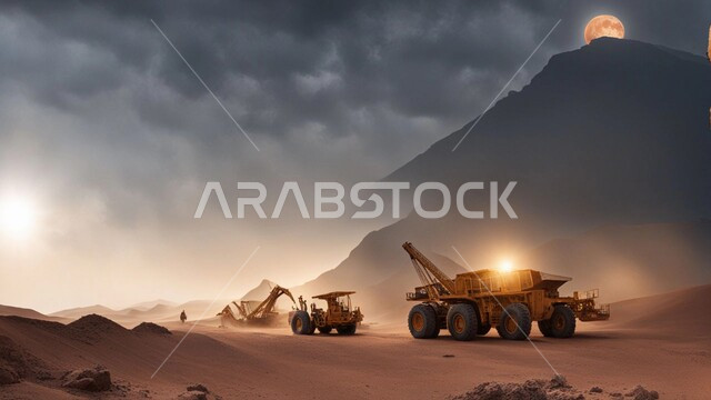 جرافات و شاحنات تعمل على رفع وتعبئة الرمال والحصى, مفهوم الهندسة والبناء والتطوير, التطور والتحديث وإعادة الإعمار للمنشآت والمباني في المملكة العربية السعودية, آلات ومعدات ثقيلة، مهن ووظائف هندسية