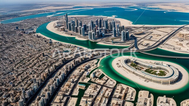 مفهوم تطوير وتحسين البنية التحتية، منظر تخيلي للتقدم والنمو العمراني، التصاميم والفنون المعمارية الحديثة للأبراج وناطحات السحاب في الامارات العربية المتحدة، بناء مستقبل حضاري متطور في دبي، المباني والمنشآت التجارية الشاهقة