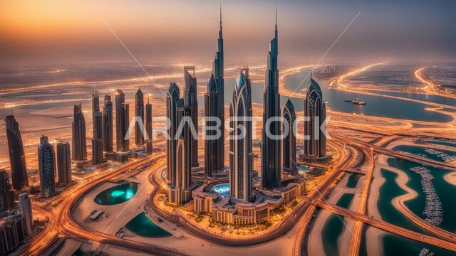 مفهوم تطوير وتحسين البنية التحتية، منظر تخيلي للتقدم والنمو العمراني، التصاميم والفنون المعمارية الحديثة للأبراج وناطحات السحاب في الامارات العربية المتحدة، بناء مستقبل حضاري متطور في دبي، المباني والمنشآت التجارية الشاهقة