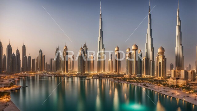مفهوم تطوير وتحسين البنية التحتية، منظر تخيلي للتقدم والنمو العمراني، التصاميم والفنون المعمارية الحديثة للأبراج وناطحات السحاب في الامارات العربية المتحدة، بناء مستقبل حضاري متطور في دبي، المباني والمنشآت التجارية الشاهقة