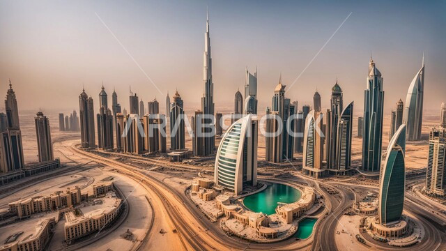 مفهوم تطوير وتحسين البنية التحتية، منظر تخيلي للتقدم والنمو العمراني، التصاميم والفنون المعمارية الحديثة للأبراج وناطحات السحاب في الامارات العربية المتحدة، بناء مستقبل حضاري متطور في دبي، المباني والمنشآت التجارية الشاهقة