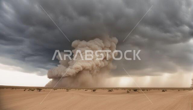 الزوابع الغبارية القوية، العاصفة الرملية في الصحراء, رياح ترابية في المناطق الصحراوية, الكثبان والرمال الذهبية الناعمة، التشكيلات والتكوينات الرملية في المملكة العربية السعودية, منظر السماء الممتلئة بالغيوم الداكنة