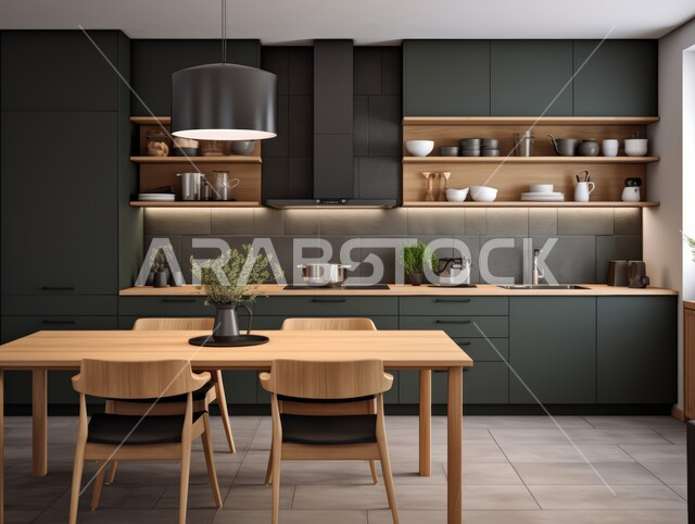 الديكورات العصرية للمطابخ العربية الفاخرة باللون الرمادي، استخدام الطراز الفني الأنيق في الآثاث المنزلي، تصاميم داخلية متميزة للفلل والشقق السكنية في المملكة العربية السعودية