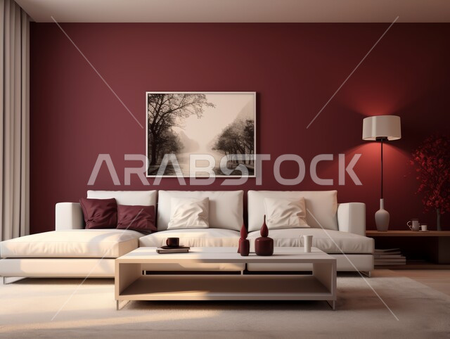 غرف معيشه بتصاميم عصرية حديثه, التحف والديكورات الداخليه الأنيقة، غرفة جلوس فاخرة, شقق وفلل سكنية في المملكة العربية السعودية، أثاث منزلي راقي ومريح باللون الأحمر والأبيض