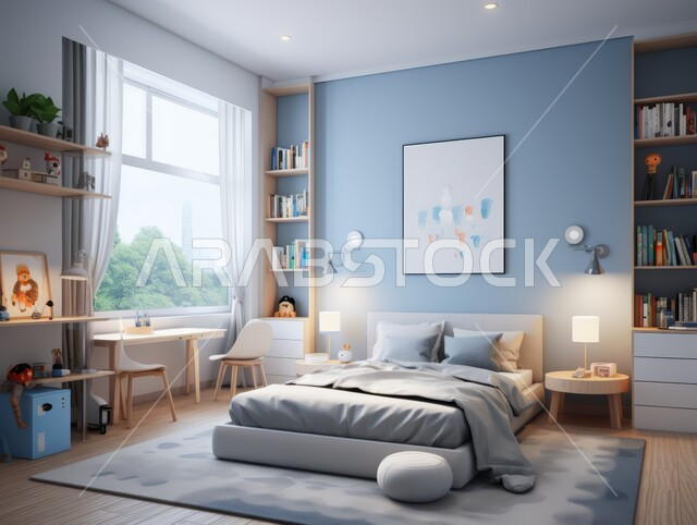 أثاث واكسسوارات منزلية داخلية أنيقة، التصميم الداخلي للمنازل والبيوت باللون الازرق، غرفة نوم بتصاميم عصرية حديثة, شقق وفلل سكنية فاخرة، فنادق ومنتجعات بديكورات راقية في المملكة العربية السعودية