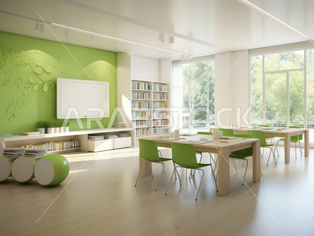 أماكن ثقافية وقاعات للدراسة في المملكة العربية السعودية، أثاث مكتبي باللون الاخضر والابيض ، غرفة دراسية بديكورات داخلية عصرية، تصميم حديث وراقي, الطاولات الخشبية المحاطة بالكراسي الملونة
