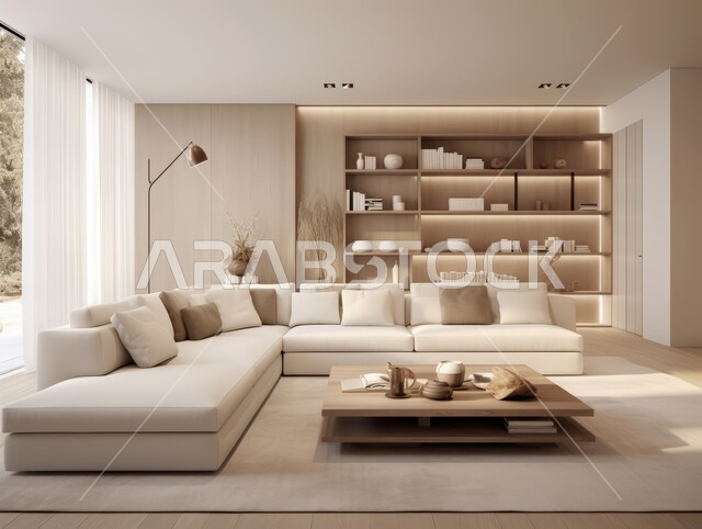 غرف معيشه بتصاميم عصرية حديثه, التحف والديكورات الداخليه الأنيقة، غرفة جلوس فاخرة, شقق وفلل سكنية في المملكة العربية السعودية، أثاث منزلي راقي ومريح باللون البيج 