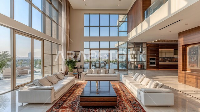  الديكورات الداخلية الراقية للفلل والشقق السكنية في المملكة العربية السعودية، اكسسوارات وتحف عصرية، التصاميم الأنيقة لغرف الجلوس المريحة على الطراز الحديث، غرفة معيشة مع أثاث منزلي فاخر بالألوان الراقية