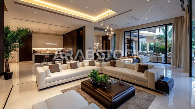  الديكورات الداخلية الراقية للفلل والشقق السكنية في المملكة العربية السعودية، اكسسوارات وتحف عصرية، التصاميم الأنيقة لغرف الجلوس المريحة على الطراز الحديث، غرفة معيشة مع أثاث منزلي فاخر بالألوان الراقية