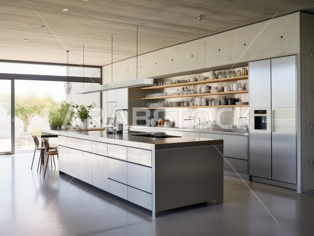 استخدام الطراز الفني العصري في الأثاث المنزلي, مطبخ بديكورات داخلية فاخرة، فنون الهندسة المعمارية المتميزة الحديثة، شقق وفلل سكنية في السعودية