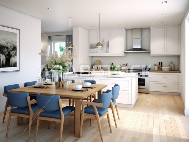 استخدام الطراز الفني العصري في الأثاث المنزلي, مطبخ بديكورات داخلية فاخرة، فنون الهندسة المعمارية المتميزة الحديثة، شقق وفلل سكنية في السعودية