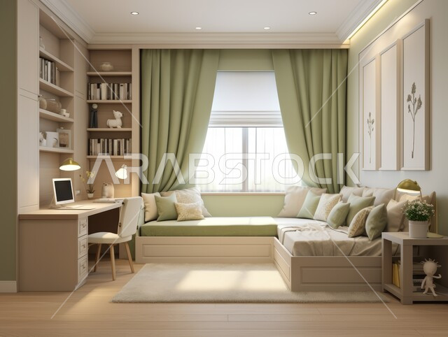 Interior design arts, home office interiors in Saudi Arabia, glass windows overlooking the landscape during the day, office room with modern designs and equipment