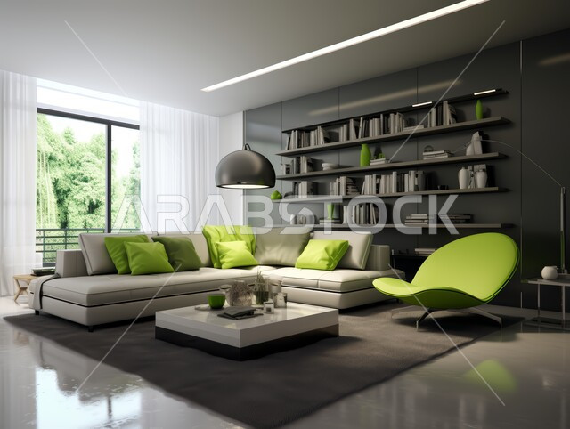 Living rooms with modern contemporary designs, elegant antiques and interior decorations, luxurious living room, residential apartments and villas in the Kingdom of Saudi Arabia, elegant and comfortable home furniture in gray and green colors