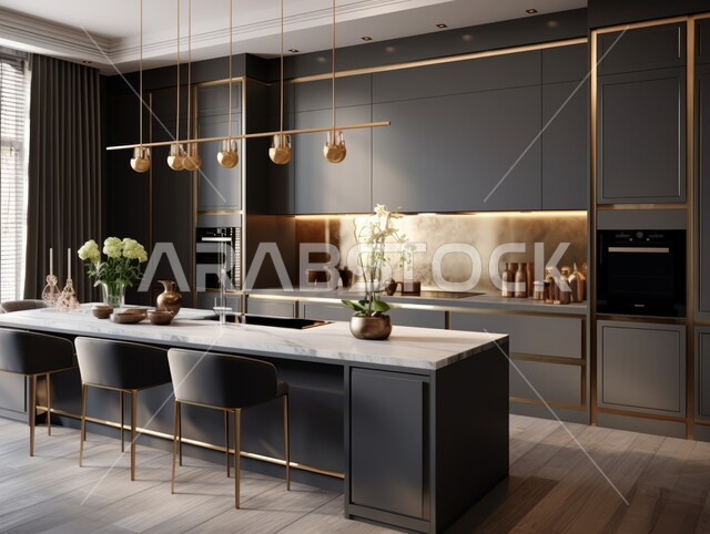 استخدام الطراز الفني الأنيق في الآثاث المنزلي، الديكورات العصرية للمطابخ العربية الفاخرة باللون الاسود، تصاميم داخلية متميزة للفلل والشقق السكنية في المملكة العربية السعودية