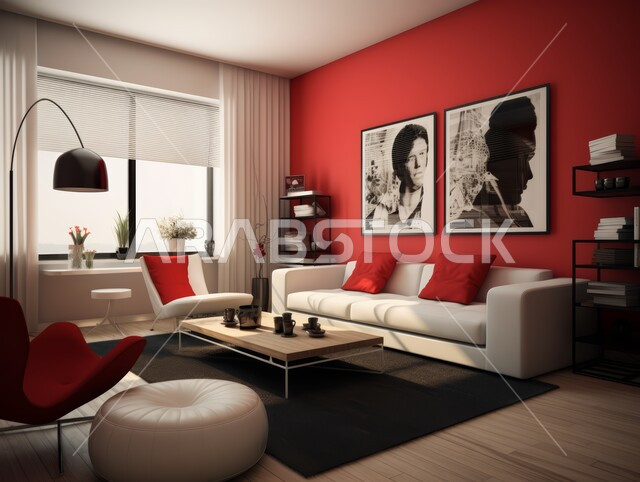 غرف معيشه بتصاميم عصرية حديثه, التحف والديكورات الداخليه الأنيقة، غرفة جلوس فاخرة, شقق وفلل سكنية في المملكة العربية السعودية، أثاث منزلي راقي ومريح باللون الأحمر والأبيض