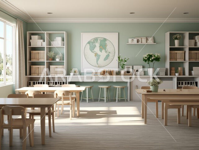أماكن ثقافية وقاعات للدراسة في المملكة العربية السعودية، أثاث مكتبي باللون الابيض ، غرفة دراسية بديكورات داخلية عصرية، تصميم حديث وراقي, الطاولات الخشبية المحاطة بالكراسي الملونة