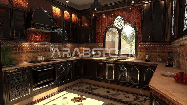 التصميم العصري للمطابخ الفاخرة في المملكة العربية السعودية، ديكور داخلي راقي لمطبخ أنيق، الفن الهندسي المعماري للفلل والشقق السكنية، استخدام الرخام الفاخر لأثاث المطابخ، الأضواء والأنوار والأكسسوارات المنزلية