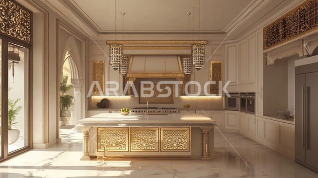 التصميم العصري للمطابخ الفاخرة في المملكة العربية السعودية، ديكور داخلي راقي لمطبخ أنيق، الفن الهندسي المعماري للفلل والشقق السكنية، استخدام الرخام الفاخر لأثاث المطابخ، الأضواء والأنوار والأكسسوارات المنزلية