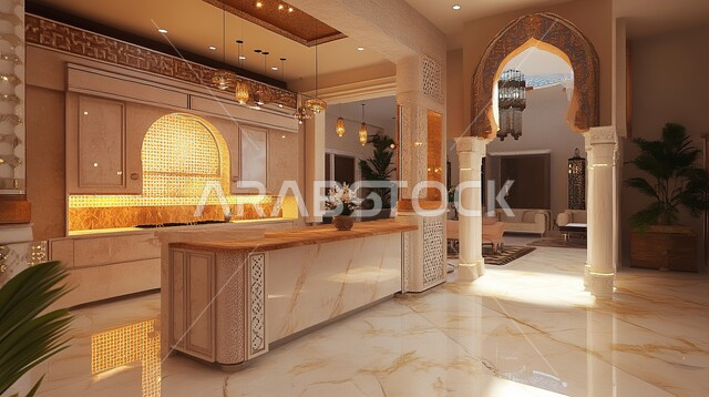 Modern design of luxury kitchens in Saudi Arabia, elegant interior design for a stylish kitchen, architectural engineering art for villas and residential apartments, use of luxury marble for kitchen furniture, lights and lights and home accessories